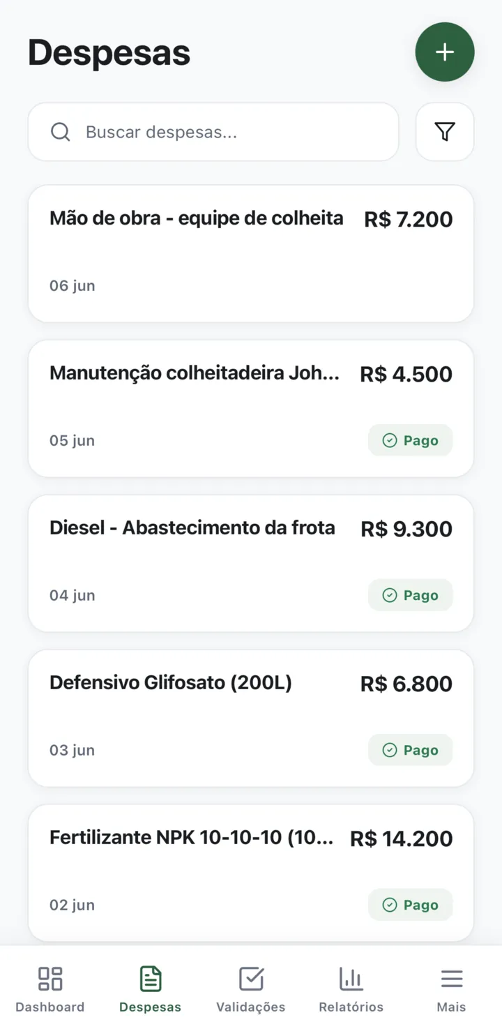 Tela de despesas do app Rumo Finance, com a lista de lançamentos e a busca