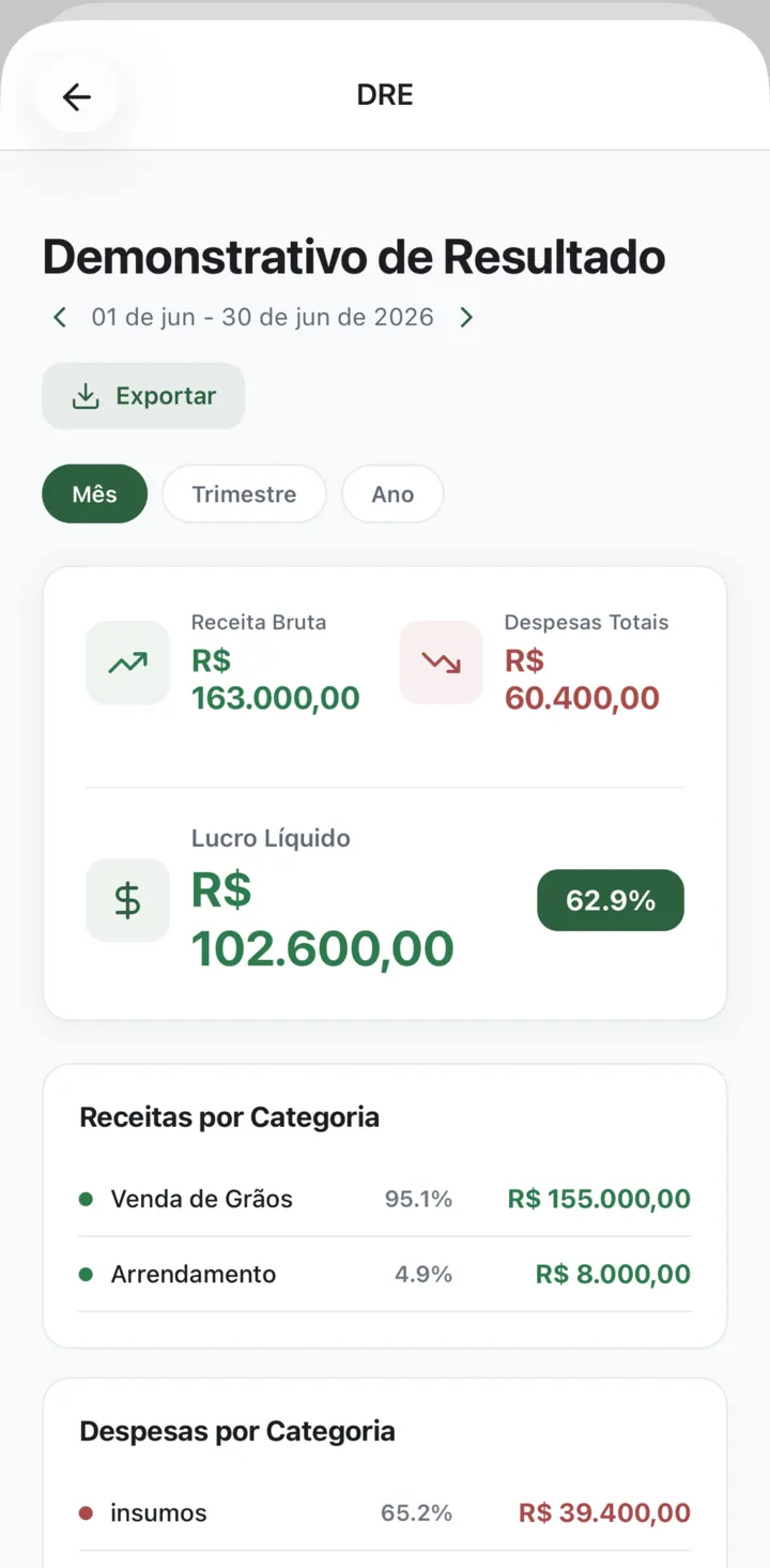 Tela do DRE (Demonstrativo de Resultado) no app Rumo Finance, com receitas e despesas por categoria
