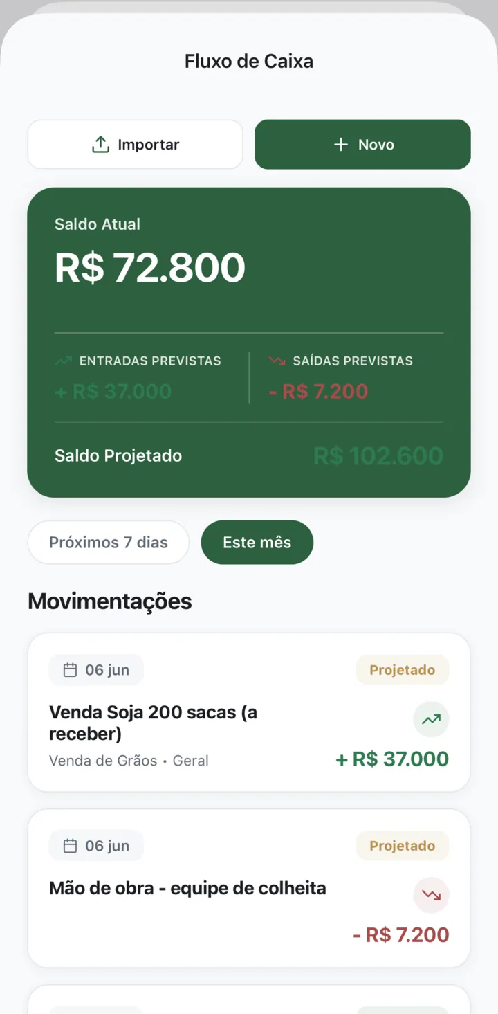 Tela Fluxo de Caixa do app Rumo Finance, com saldo atual, entradas e saídas previstas e movimentações