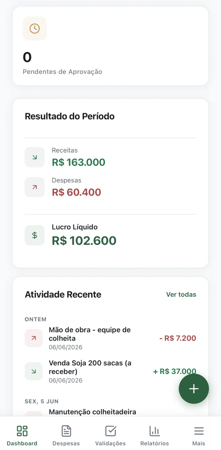 Tela inicial do app Rumo Finance com o resultado do período: receitas, despesas e lucro líquido